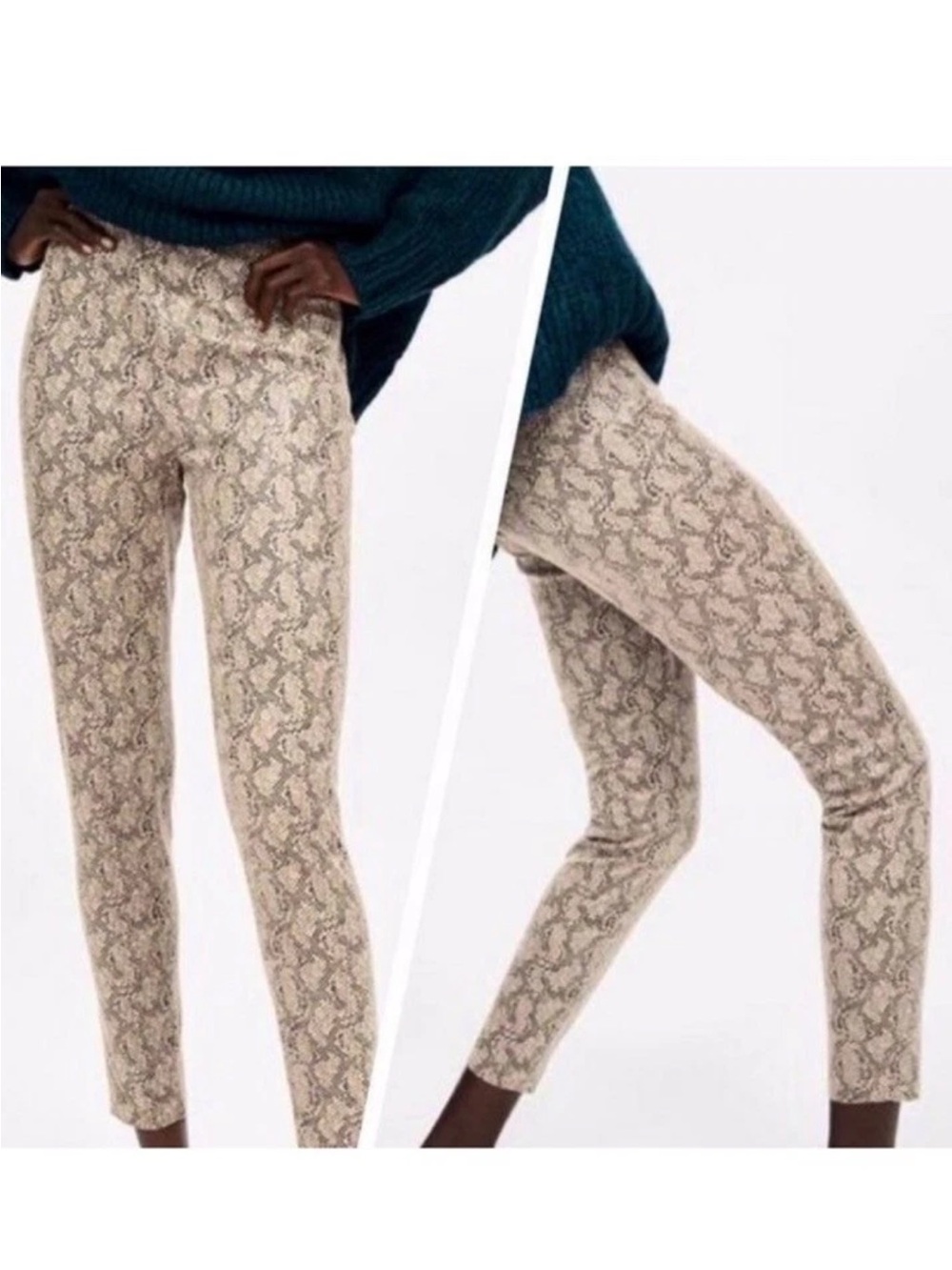 Zara Beige Snake-Print Slim Ankle Pants
